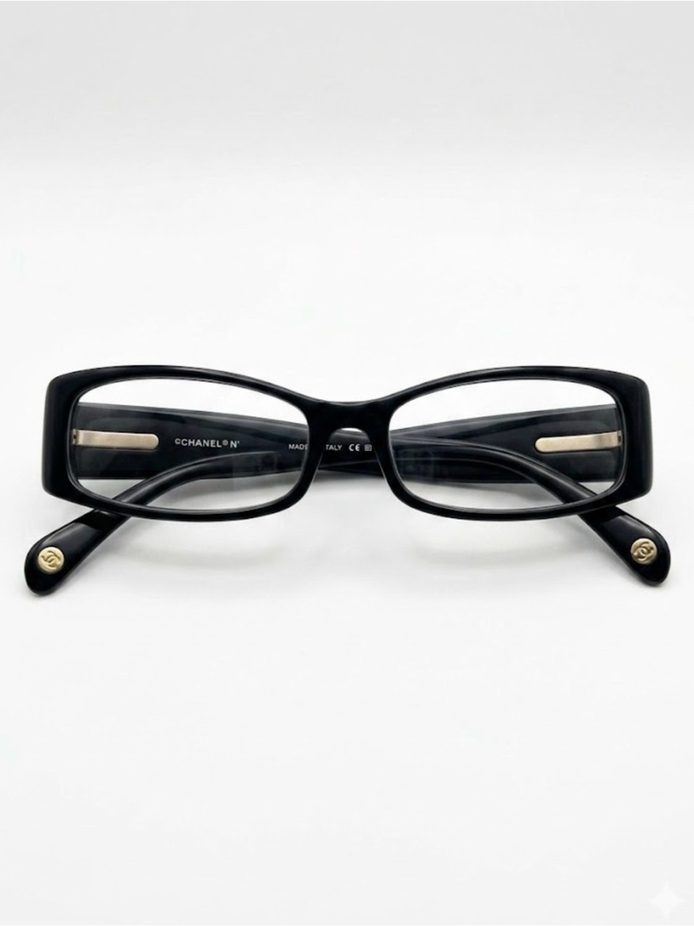 Chanel Narrow Rectangular Black Acetate Glasses Vintage Rhinestones 3096 B